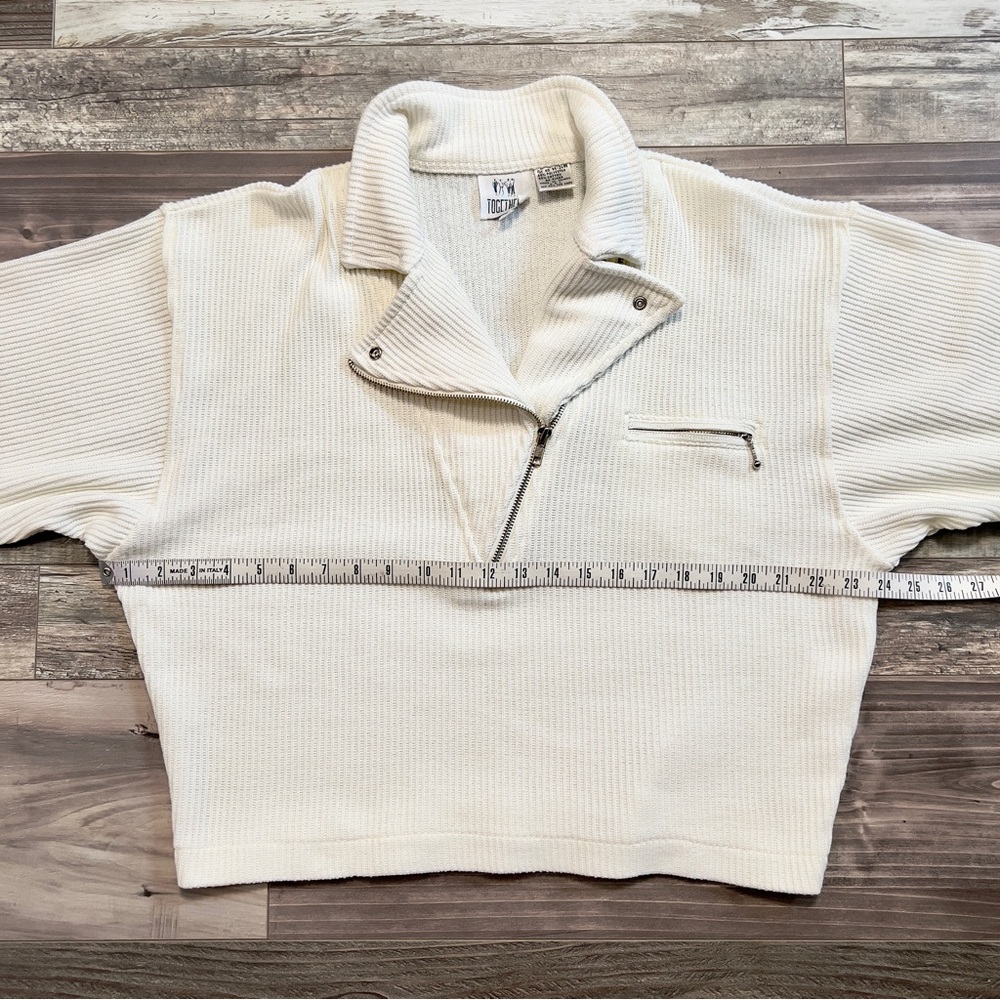 Vintage Together Ribbed Sweater Large Knit White Asymmetrical Zip Collared Moto - Picture 15 of 16